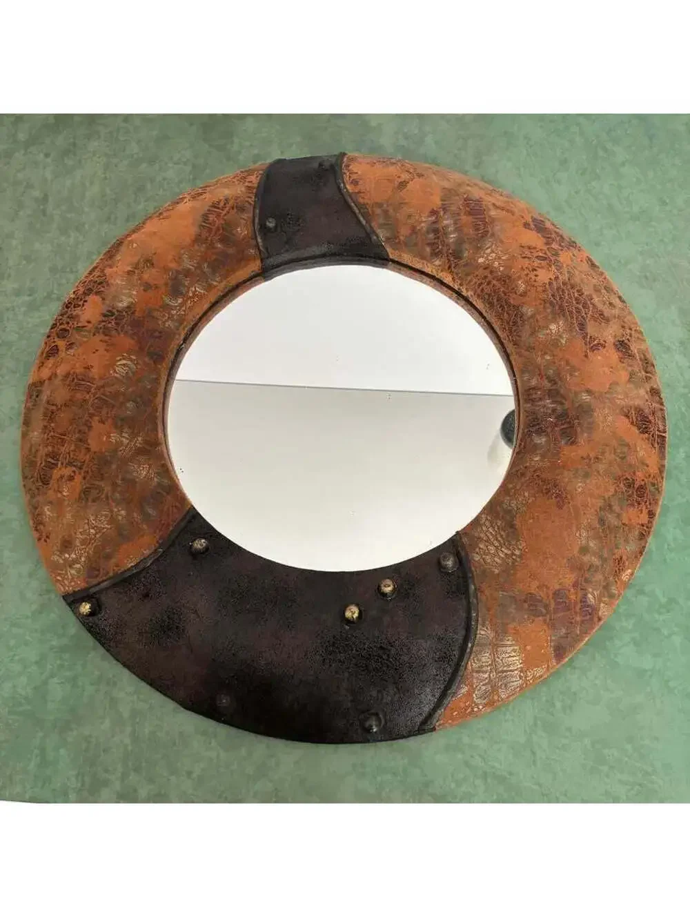 Round Wall Mirror 17” Faux Crocodile Leather Metal Accent Rustic Industrial Deco